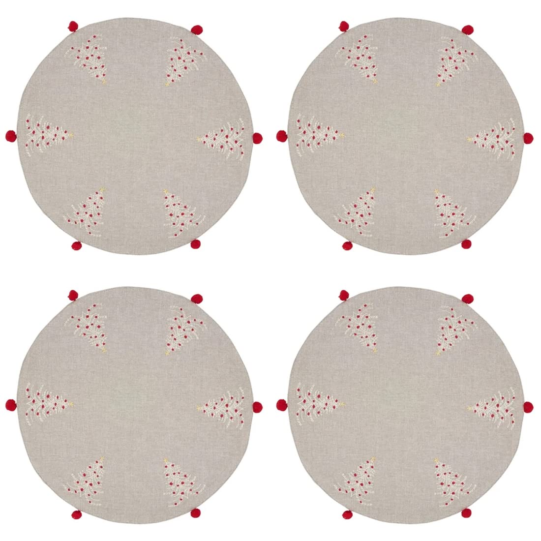 Fennco Styles Embroidered Christmas Trees Design Placemats with Tassel 14" Round, Set of 4
