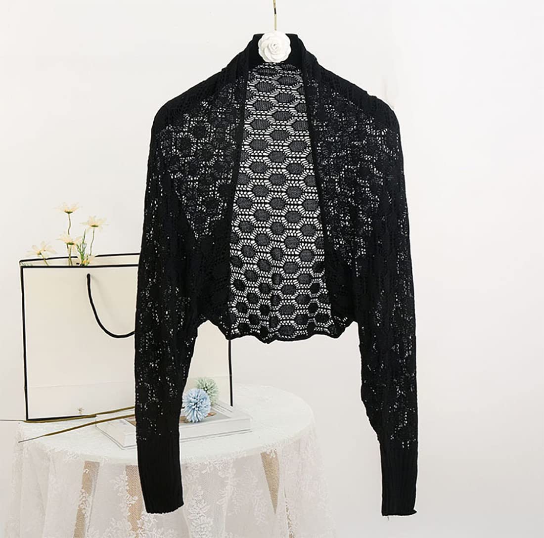 stylesilove Women Lightweight Crochet Hollow Bolero Shrug Long Sleeve Cardigan Soft Sweater Open Front Cape Shawl
