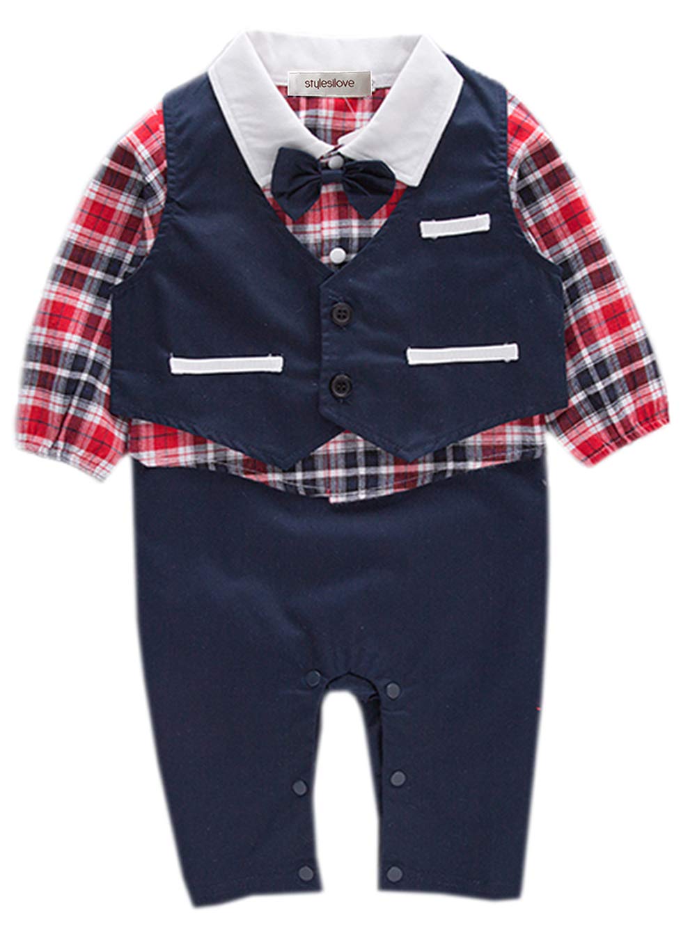 stylesilove Toddler Boys Long Sleeve Bow-tie Tuxedo Romper with Vest 2 Pcs Autumn Winter Formal Outfit