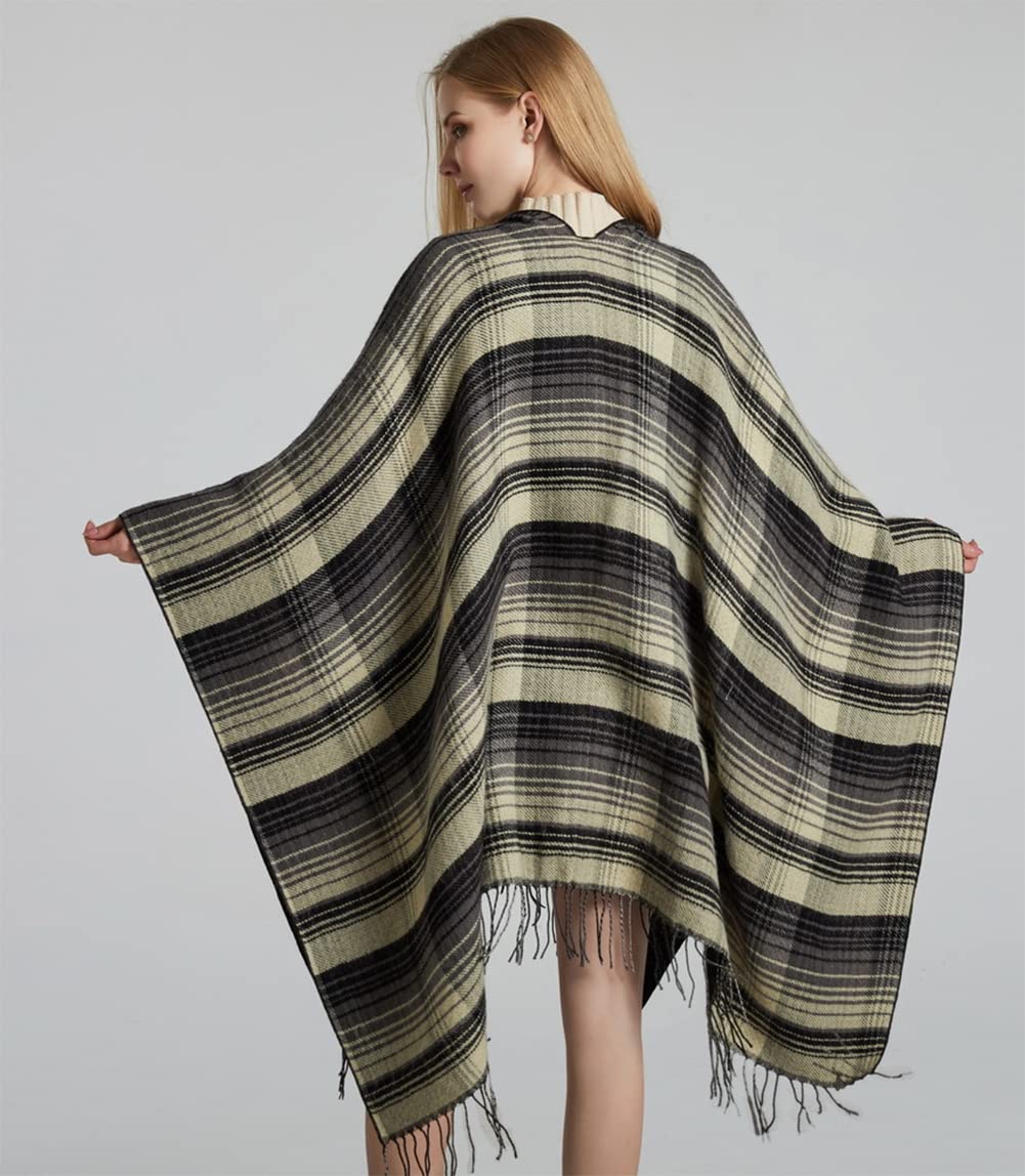 stylesilove Women Reversible Plaid Fringe Knitted Open Front Poncho Cape Oversized Cardigan Fall Winter Wrap Shawl