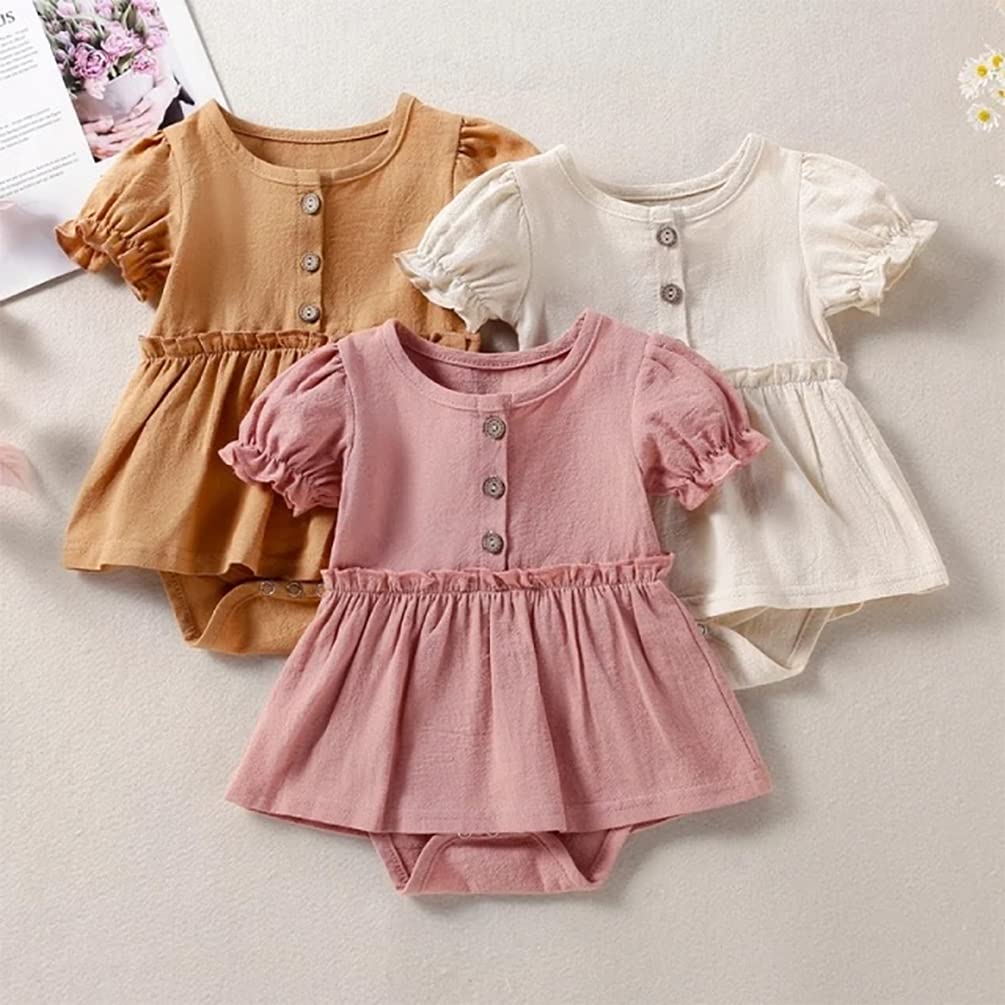 stylesilove Infant Baby Girls Solid Button Front Ruffle Short Sleeve Cotton Romper Dress Spring Summer Dressy Outfit