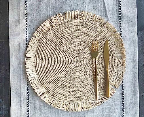 Fennco Styles Handwoven Fringe Boho Placemats 15" Round - Natural Braided Texture Table Mats for Home, Dining Room, Banquets, Family Gathering and Special Occasion