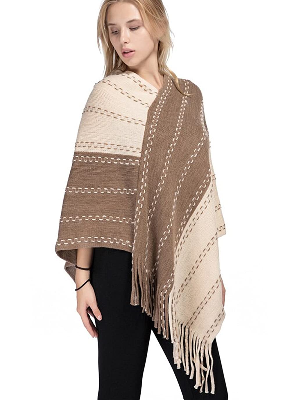 stylesilove Women Two-Tone Asymmetrical Fringe Knitted Pullover Poncho Sweater Cozy Wrap Shawl for Winter and Fall