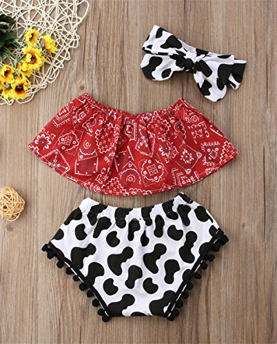 stylesilove Baby Girls Cowgirl Red Bandana Top with Pom Pom Trim Bloomers and Headband 3pcs Outfit