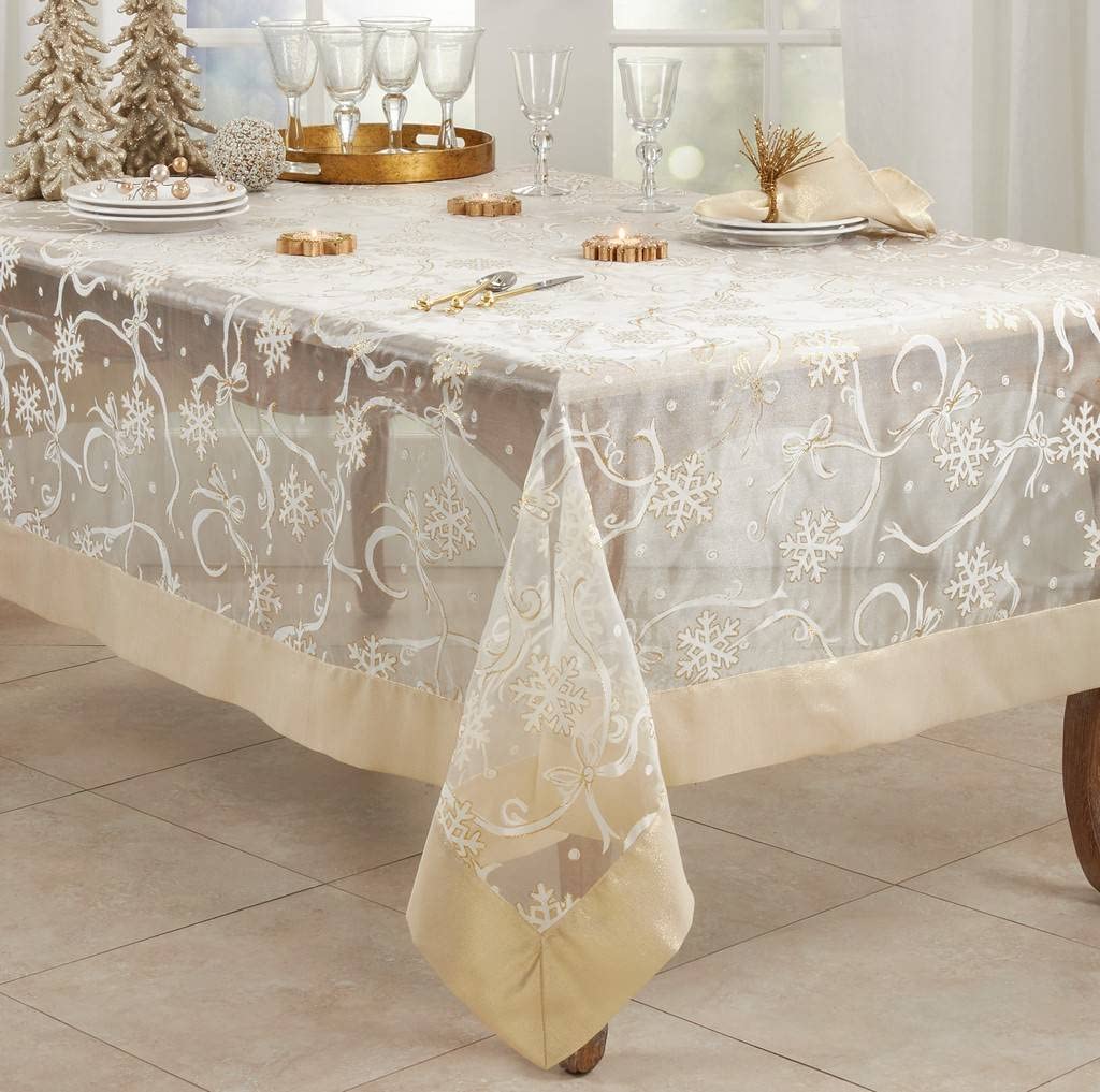 Fennco Styles Printed Snowflake & Ribbon Semi-Sheer Tablecloth - Gold Festive Table Topper for Home Décor, Banquets, Christmas, Holiday and Special Events