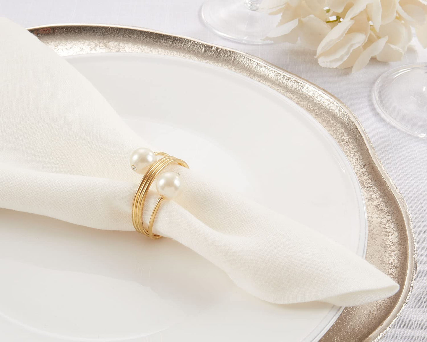 Fennco Styles Hand Beaded Faux Pearl Napkin Rings, Set of 4 - Elegant Pearl Collection Napkin Holders for Home Décor, Dining Room, Wedding, Banquets and Special Occasions