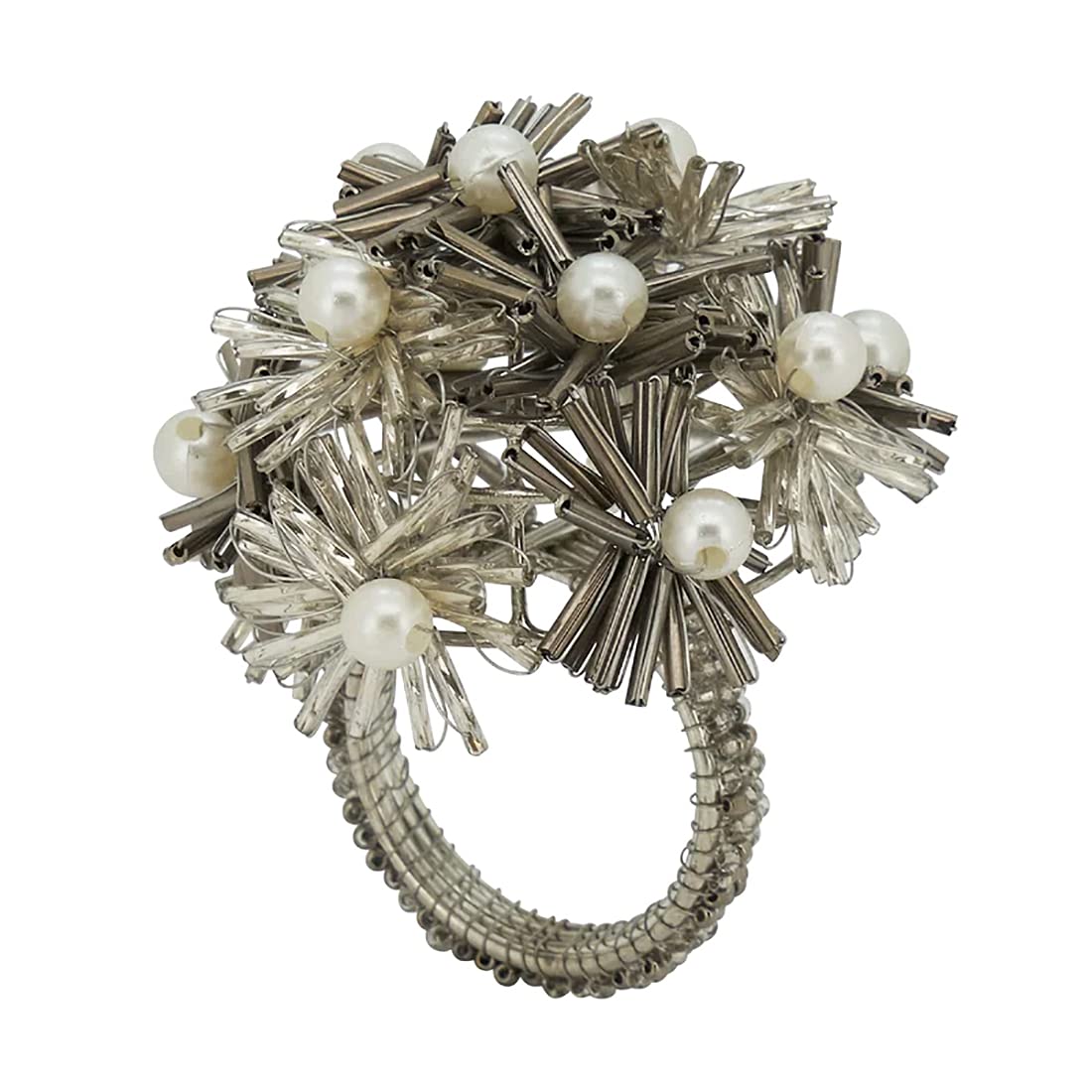 Fennco Styles Hand Beaded Flower Metal Napkin Rings, Set of 4 - Green Decorative Napkin Holders for Christmas, Home, Dining Room, Banquet, Family Gathering, Holiday and Special Occasion