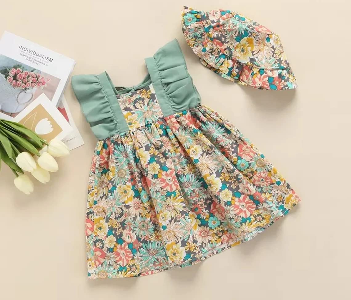 stylesilove Baby Toddler Girls Multi Floral Printed Sleeveless Ruffle Cotton Dress & Hat 2pcs Spring Summer Green Sundress