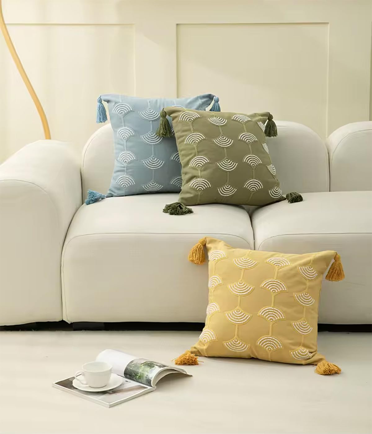 Fennco Styles Hand Beaded Embroidery Ginkgo Leaf Throw Pillow Cover with Tassel 18" W x 18" L - Green Leaves Cotton Cushion Case for Home, Couch, Living Room, Bedroom and Office Décor