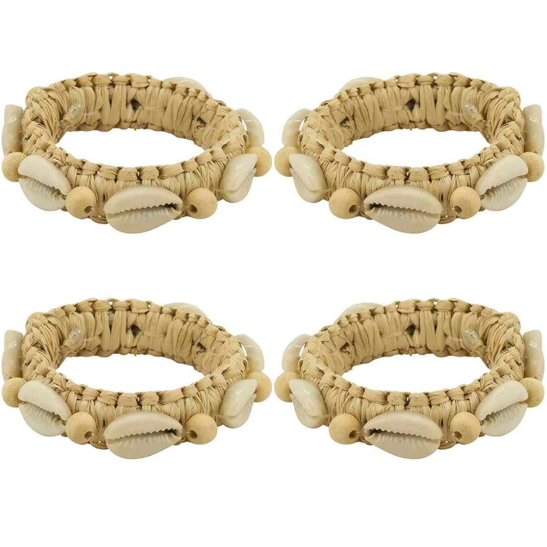 Fennco Styles Handmade Seashell Water Hyacinth Napkin Rings, Set of 4 - Natural Coastal Napkin Holders for Home, Dining Table, Banquets, Holidays and Special Events