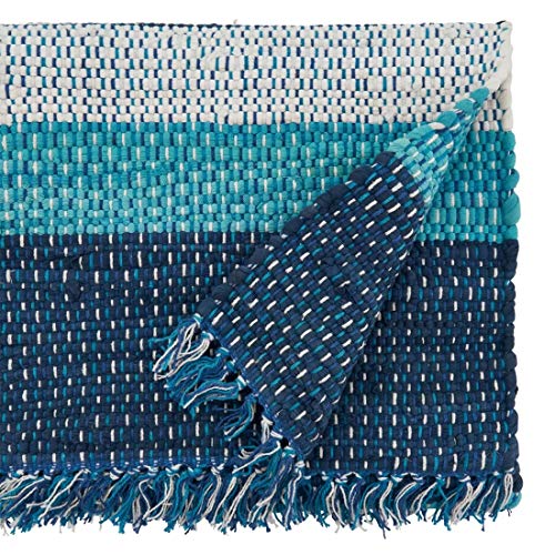 Fennco Styles Coastal Style Tasseled Striped Chindi 100% Cotton Table Runner 16 x 72 Inch – Blue Table Cover for Home Décor, Beach House, Dining Table, Banquets and Special Events