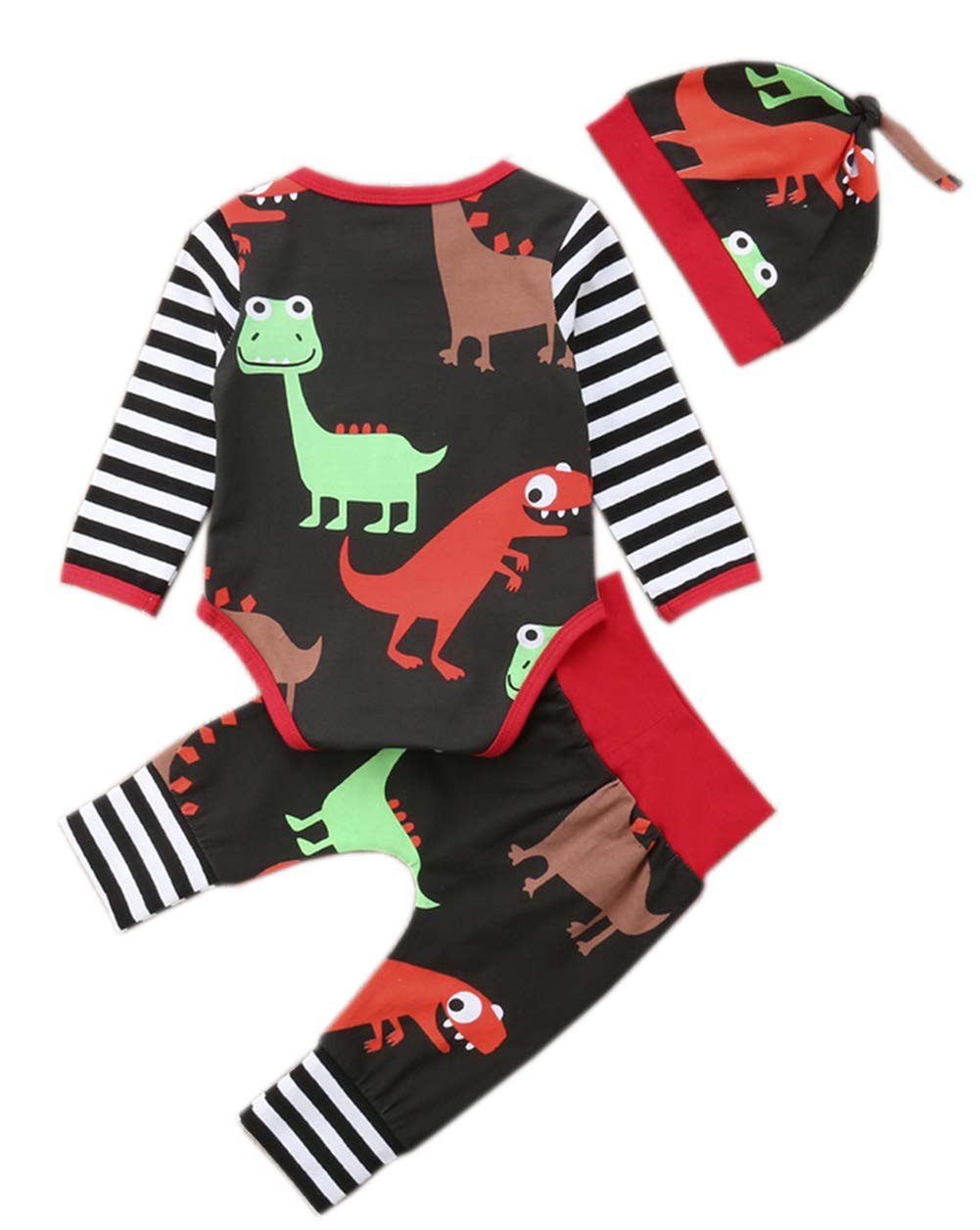 stylesilove Baby Toddler Boy Funny Colorful Dinosaur Long Sleeve Romper with Pants and Hat 3 pcs Cotton Outfits