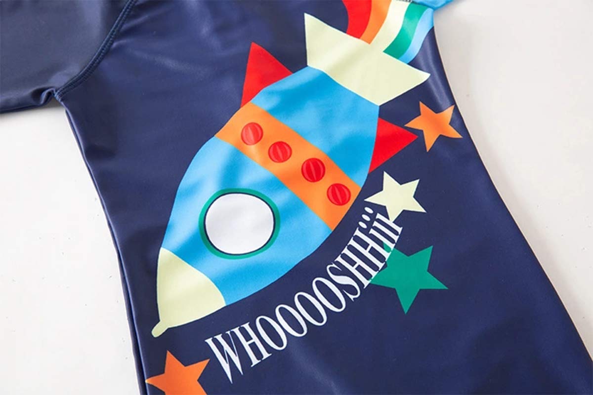 stylesilove Little Boys Rocket Rainbow One-Piece Rash Guard Swimsuit & Sun Hat 2pcs Set Navy Bathing Suit Beach Swimwear