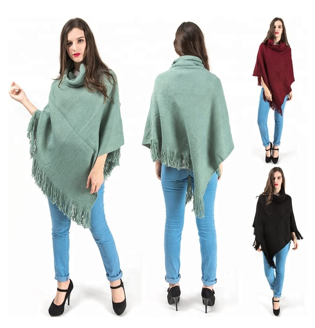 stylesilove Women Autumn Winter Solid Knitted Turtleneck Pullover Fringe Poncho Sweater Soft Wrap Lightweight Shawl