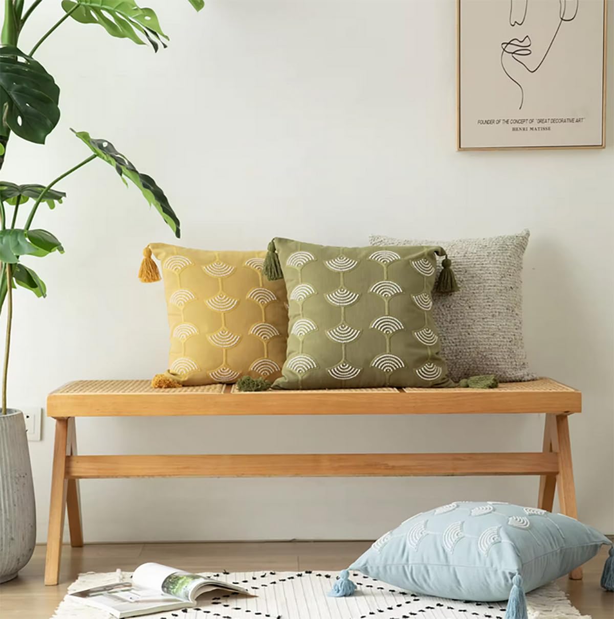 Fennco Styles Hand Beaded Embroidery Ginkgo Leaf Throw Pillow Cover with Tassel 18" W x 18" L - Green Leaves Cotton Cushion Case for Home, Couch, Living Room, Bedroom and Office Décor