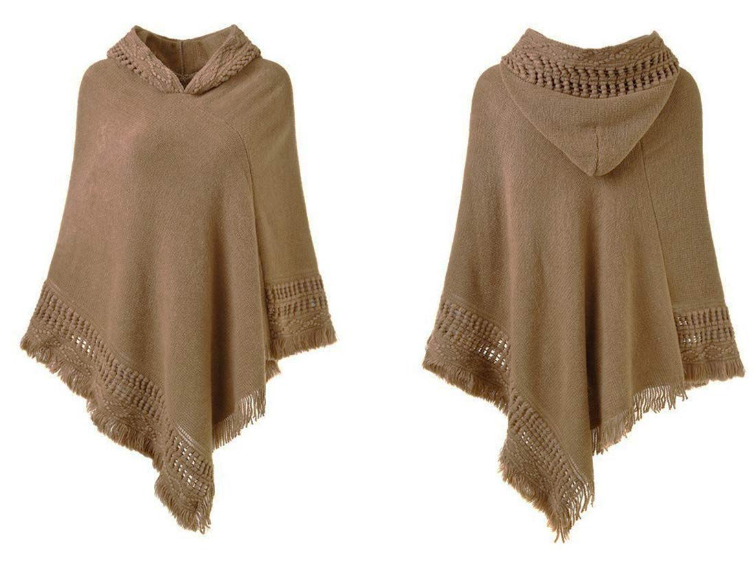 stylesilove Women Solid Knitted Hooded Poncho Crochet Pattern with Fringe Pullover Cardigan Soft Wrap for Fall Winter Seasons