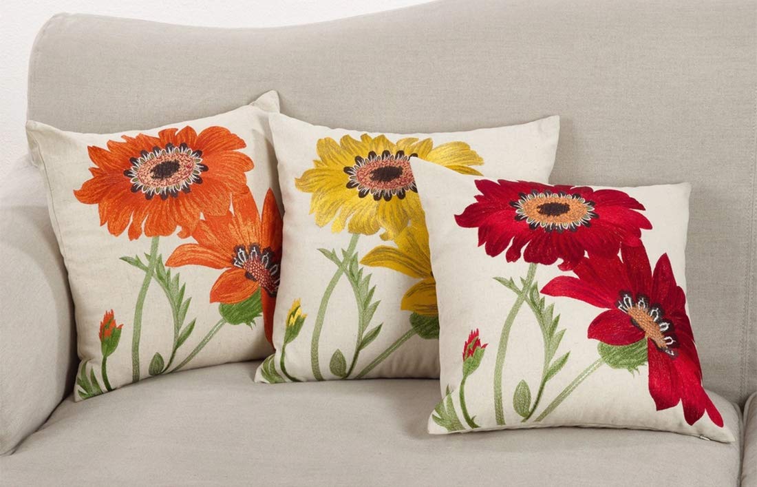 Fennco Styles Le Tournesol Embroidered Sunflower Decorative Throw Pillow, Filler Included, 18-Inch Square - Red Flower Cotton Linen Pillow for Home, Couch, Living Room and Bedroom Décor