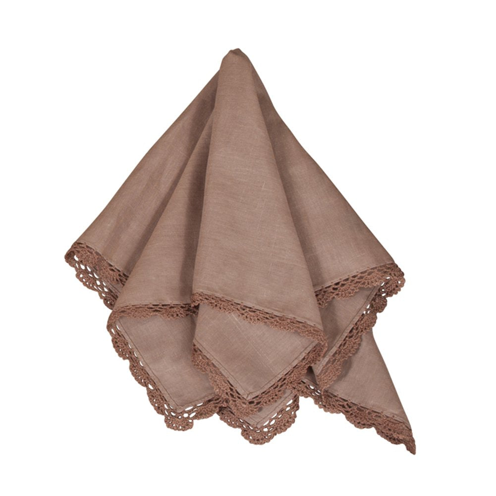 Fennco Styles Le Crochet Lace Design Cotton Linen 20 x 20 Inch Cloth Napkins, Set of 4 - Mocha Color Dinner Napkins for Dining Table, Banquets, Family Parties or Special Events