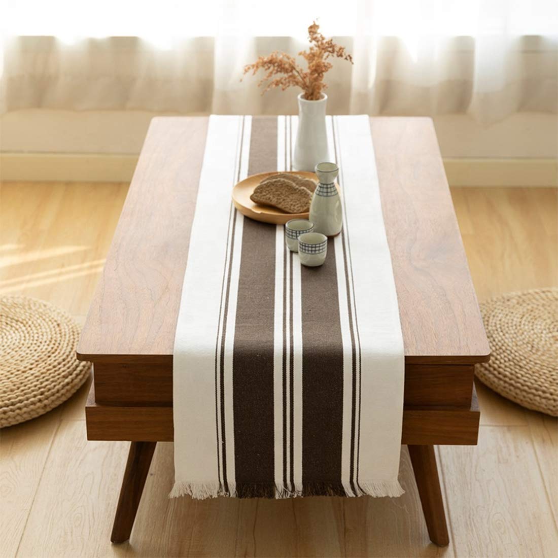 Fennco Styles Netural Stripes Fringe Canvas Cotton Table Runner 14 x 71 Inch - Grey Striped Table Cover for Home Décor, Dining Table, Farmhouse, Everyday Use and Special Occasion