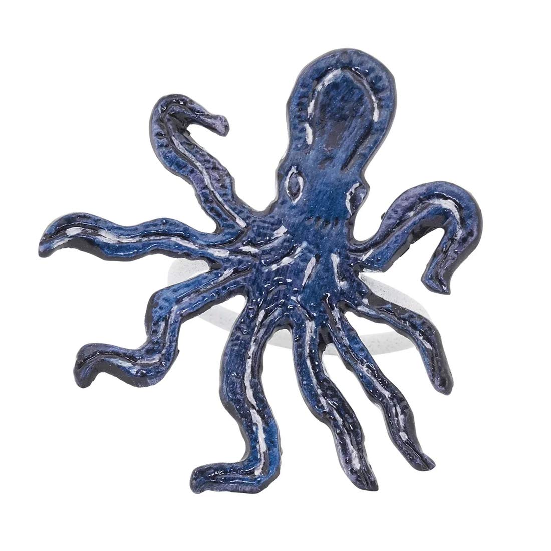 Fennco Styles Coastal Octopus Brass Napkin Rings, Set of 4 - Navy Blue Metal Napkin Holders for Beach House, Nautical Party Decorations, Home, Banquet and Special Event