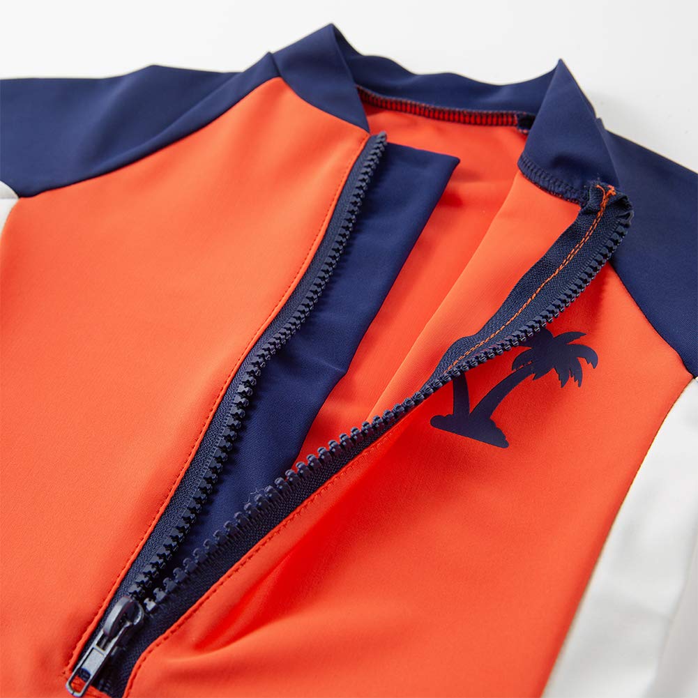 Styles I Love Kid Boys Palm Tree Orange Long Sleeve One-Piece Zipper Rash Guard Swimsuit with Swim Hat 2pcs Beach Swimwear