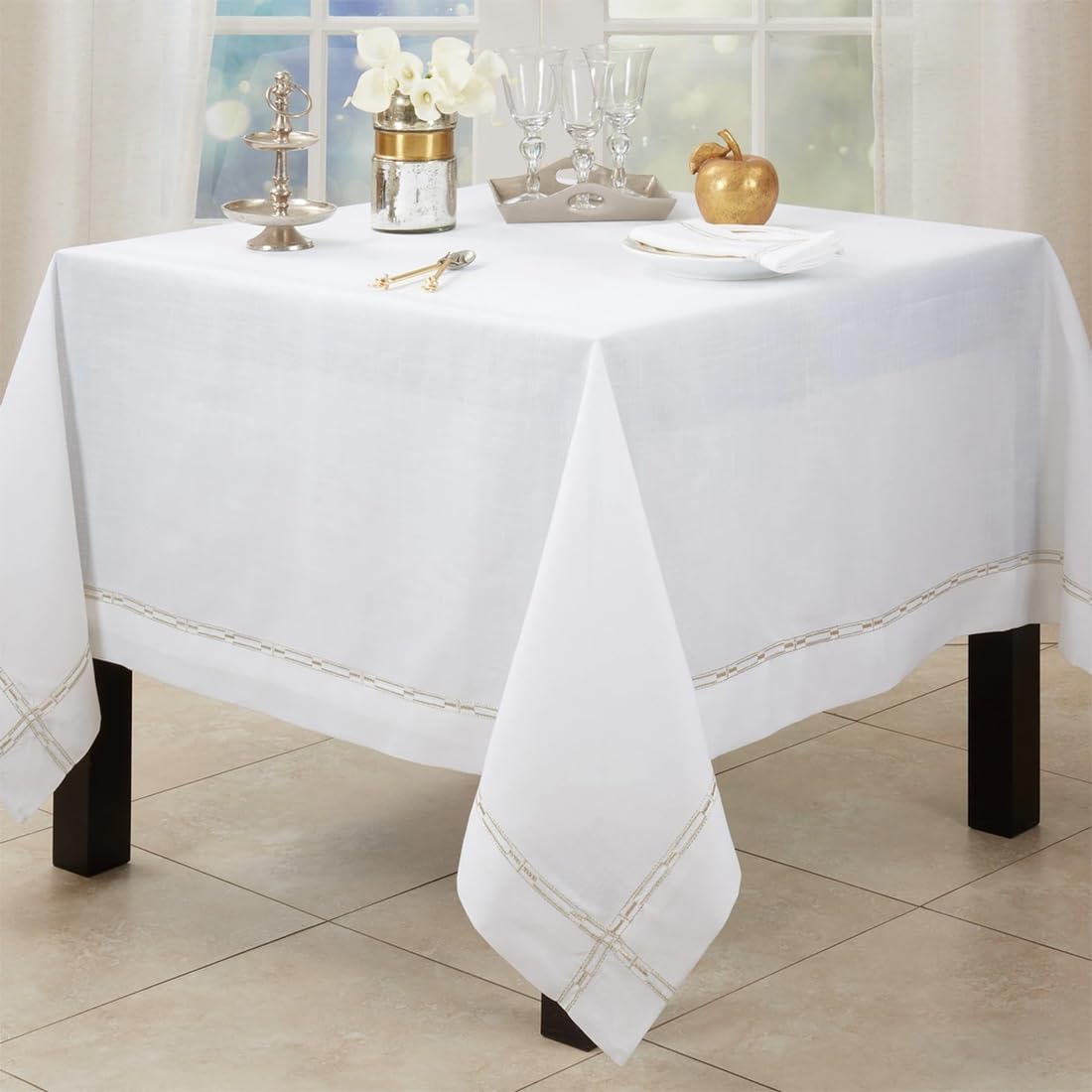 Fennco Styles Gold Embroidered Border Tablecloth 65" W x 90" L - Metallic Design Table Cover for Home Décor, Everyday Use, Christmas, Banquets and Special Events