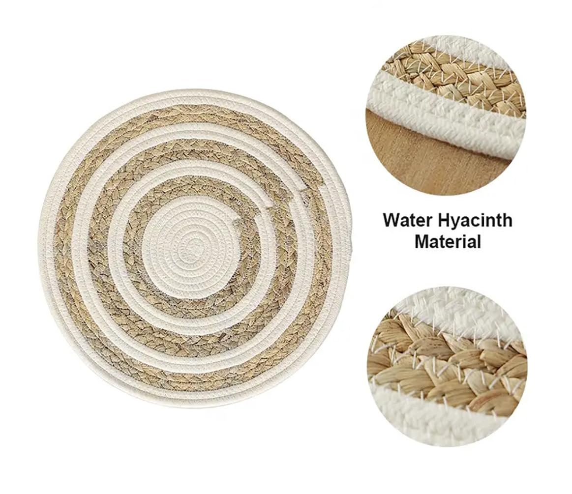 Fennco Styles Handwoven Water Hyacinth Straw & Cotton Placemats 12" Round, Set of 4 - Natural Braided Heat Resistant Insulation Table Mats for Home, Kitchen Décor, Dining Table, Banquets, Holidays