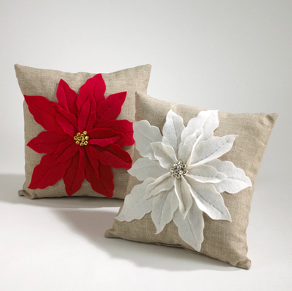 Fennco Styles Christmas Unique 3D Poinsettia Decorative Throw Pillow Cover 17 x 17 Inch - Holiday Flower Pillow for Everyday Use, Couch, Living Room and Bedroom Décor