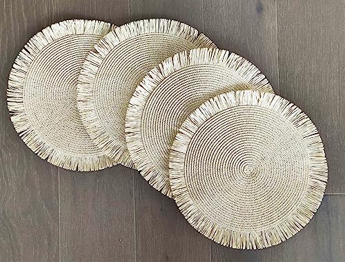 Fennco Styles Handwoven Fringe Boho Placemats 15" Round - Natural Braided Texture Table Mats for Home, Dining Room, Banquets, Family Gathering and Special Occasion