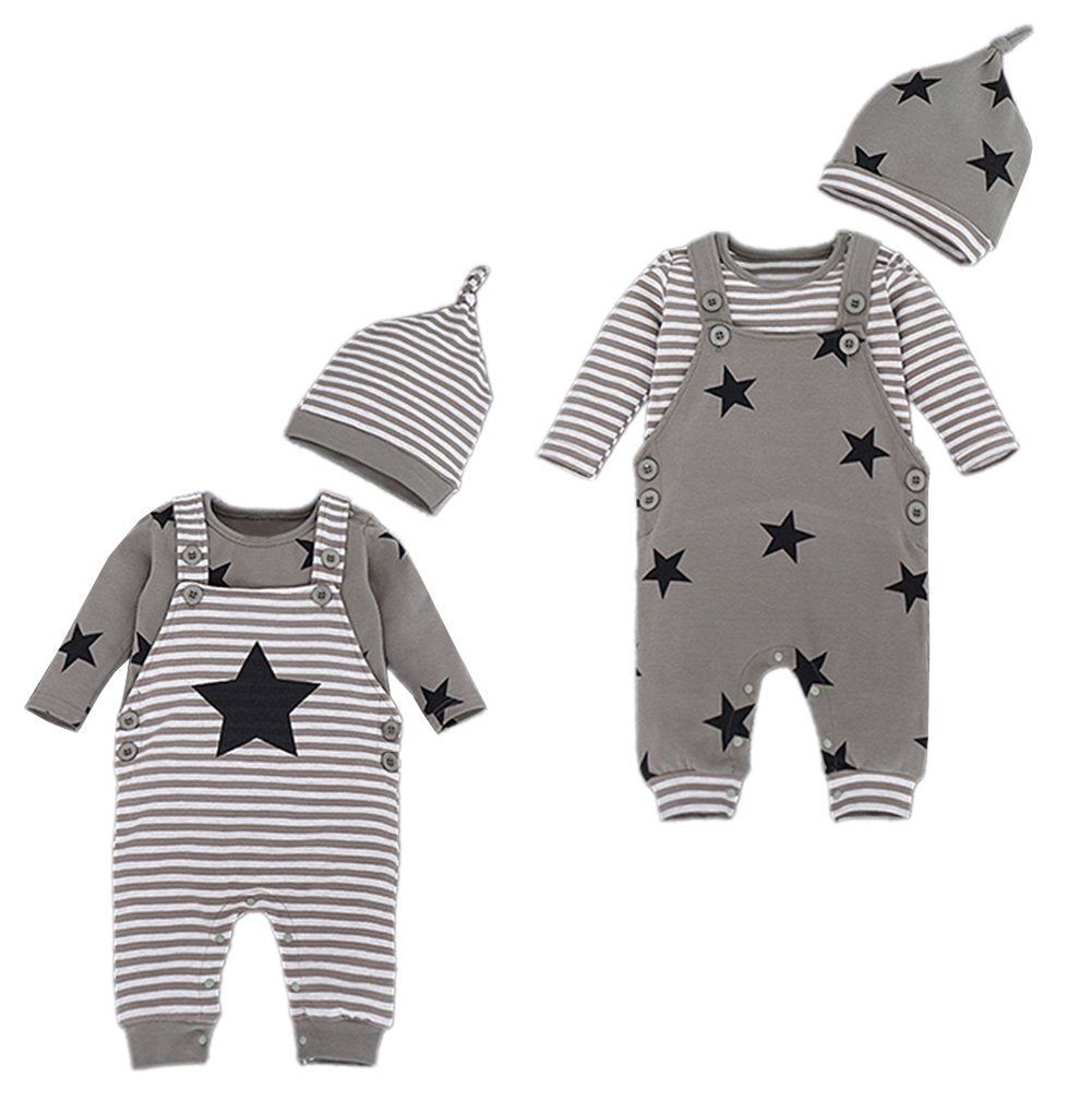 stylesilove Stripe and Stars Baby Boy T-Shirt, Overalls and Hat 3-pc