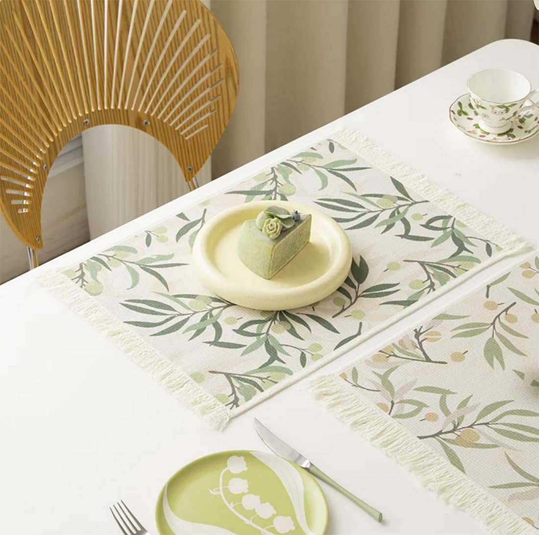 Fennco Styles Berries & Leaves Printed with Fringe Placemats 14" W x 19" L, Set of 4 - Botanical Design Table Mats for Dining Room, Banquets, Family Gatherings, and Holidays