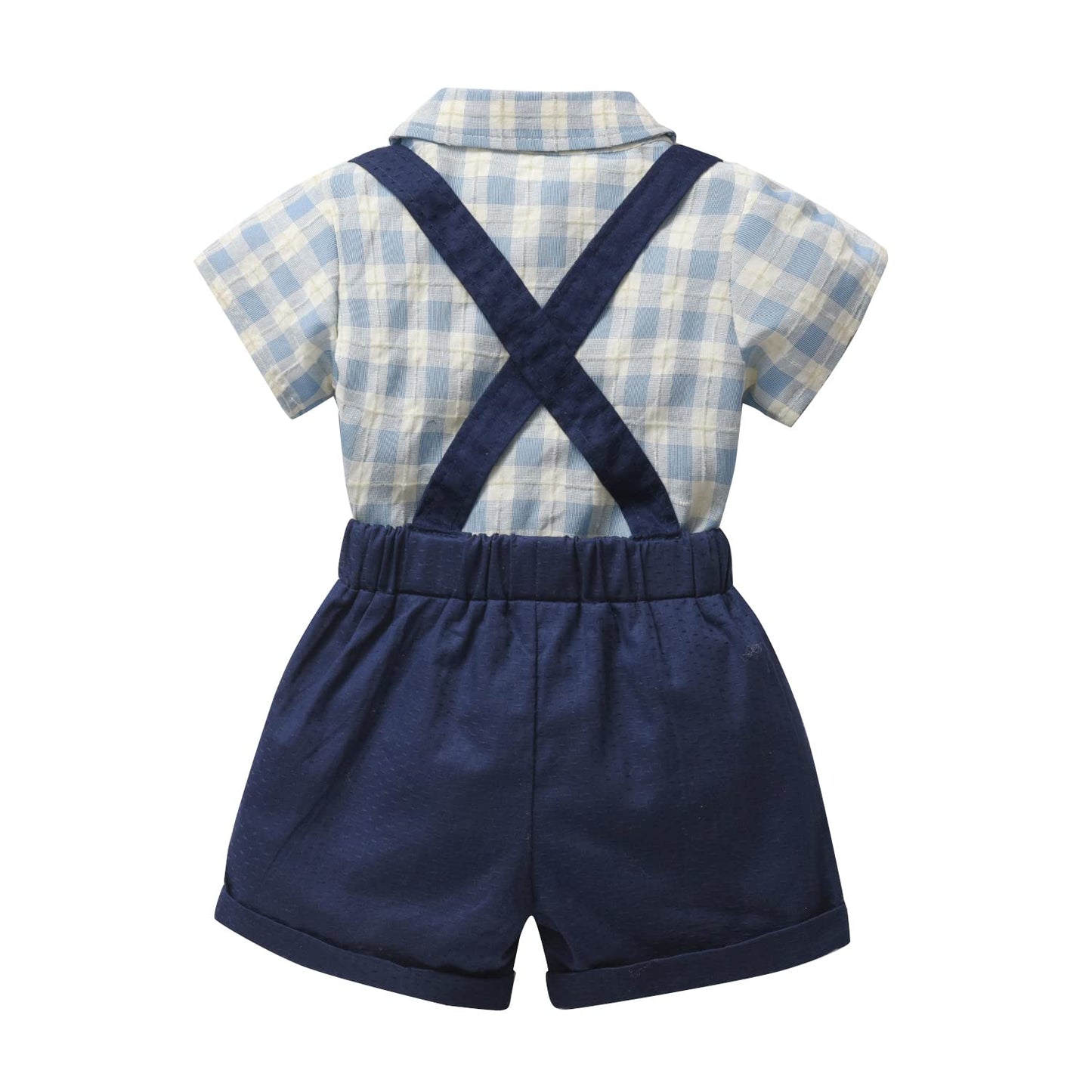 stylesilove Little Boys Short Sleeve Plaid Shirt and Suspender Bottom, Bowtie 3pcs Gentleman Suit Set Cotton Overalls Outfit
