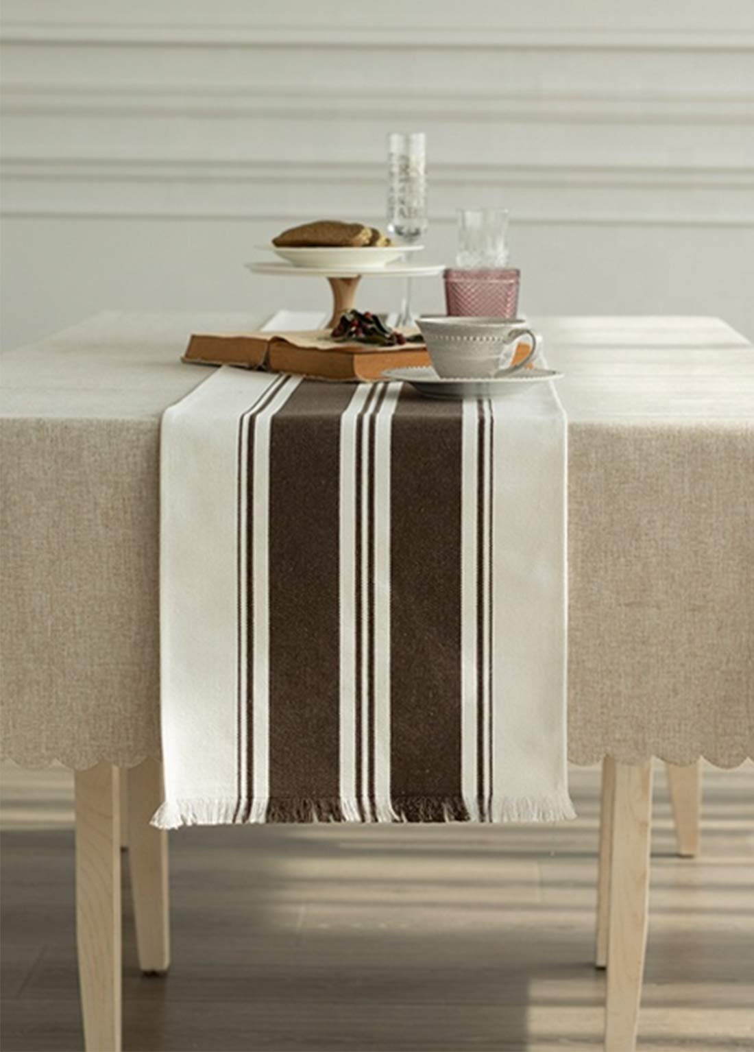 Fennco Styles Netural Stripes Fringe Canvas Cotton Table Runner 14 x 71 Inch - Grey Striped Table Cover for Home Décor, Dining Table, Farmhouse, Everyday Use and Special Occasion