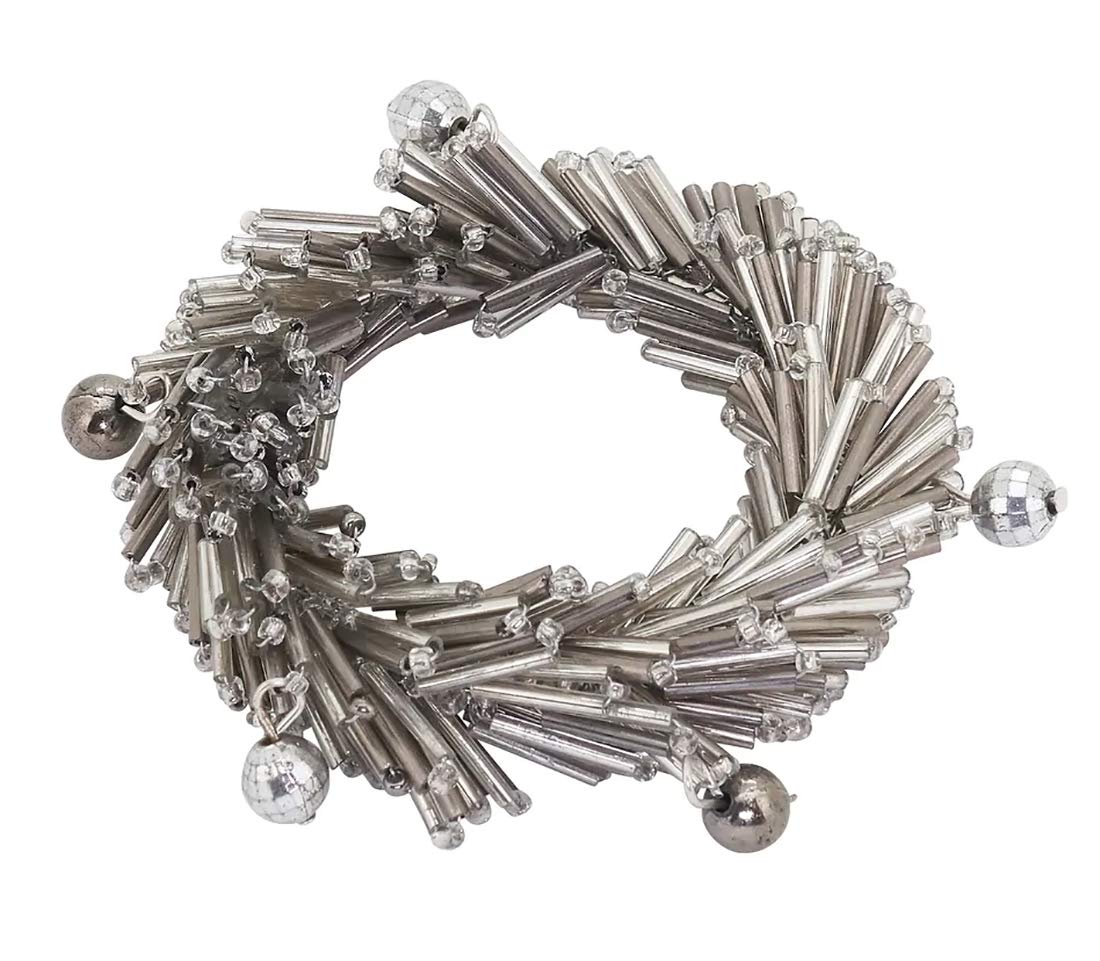 Fennco Styles Hand Beaded Decorative Napkin Rings, Set of 4 - Silver Glass Beads Napkin Holders for Home, Dining Table, Banquet, Family Gathering, Christmas, Holiday Décor and Special Occasion