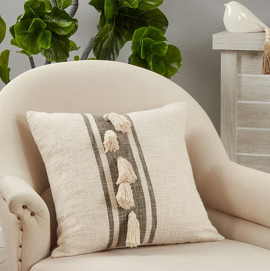 Fennco Styles Woven Striped Tassel Decorative Cotton Throw Pillow - Textured Cushion for Home, Couch, Bedroom, Living Room and Office Décor