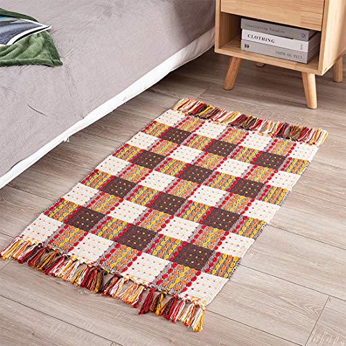 Fennco Styles Multicolor Woven Plaid Hand Knotted Tassel Boho Small Area Rug - Cotton Blend Carpet Indoor Outdoor Floor Mat for Living Room, Entryway, Bedroom and Floor Décor
