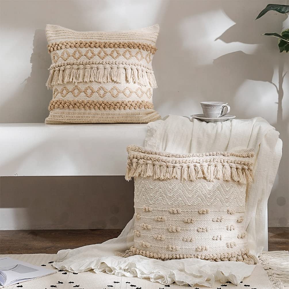 Fennco Styles Handwoven Diamond Tassel Decorative Throw Pillow Cover 18" W x 18" L - Natural Textured Boho Cushion Case for Home, Couch, Living Room, Bedroom and Office Décor
