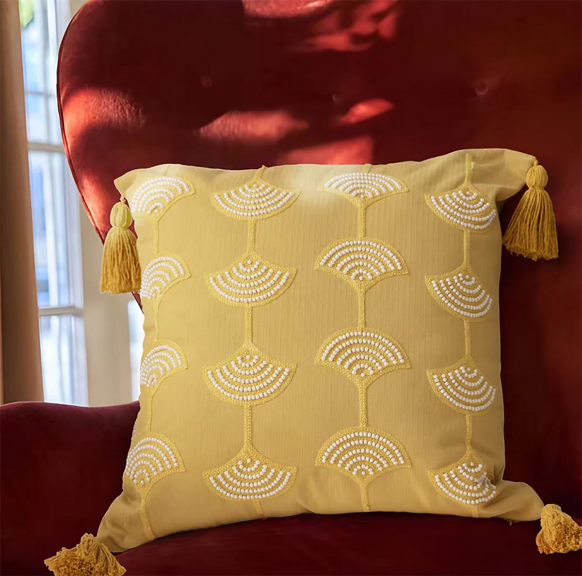 Fennco Styles Hand Beaded Embroidery Ginkgo Leaf Throw Pillow Cover with Tassel 18" W x 18" L - Green Leaves Cotton Cushion Case for Home, Couch, Living Room, Bedroom and Office Décor