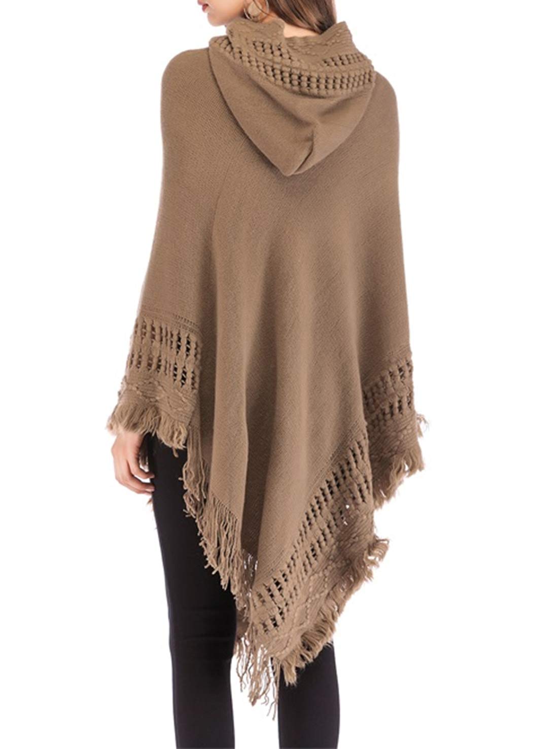 stylesilove Women Solid Knitted Hooded Poncho Crochet Pattern with Fringe Pullover Cardigan Soft Wrap for Fall Winter Seasons