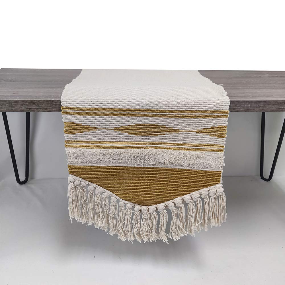 Fennco Styles Geometric Design Canvas Cotton Table Runner with Tassels – 14”W x 71”L Table Cover for Home Décor, Dining Table, Banquets, Holidays and Special Occasions