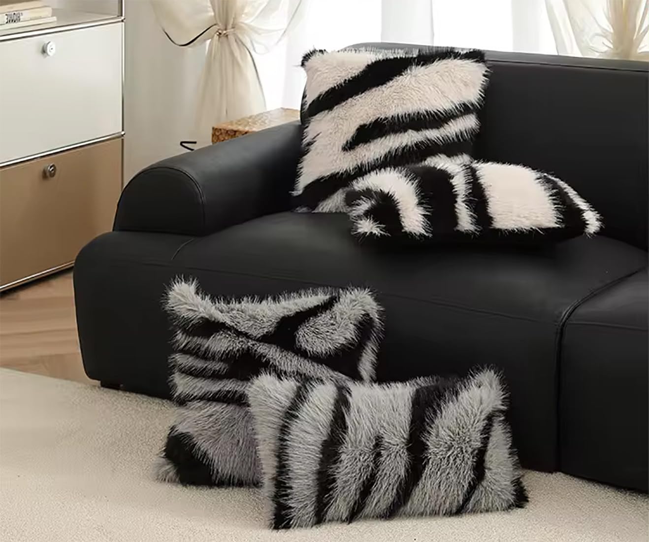 Fennco Styles Zebra Faux Fur Animal Design Decorative Throw Pillow Cover 18" W x 18" L – Black Stripe Plush Cushion Case for Couch, Bedroom, Living Room and Office Décor