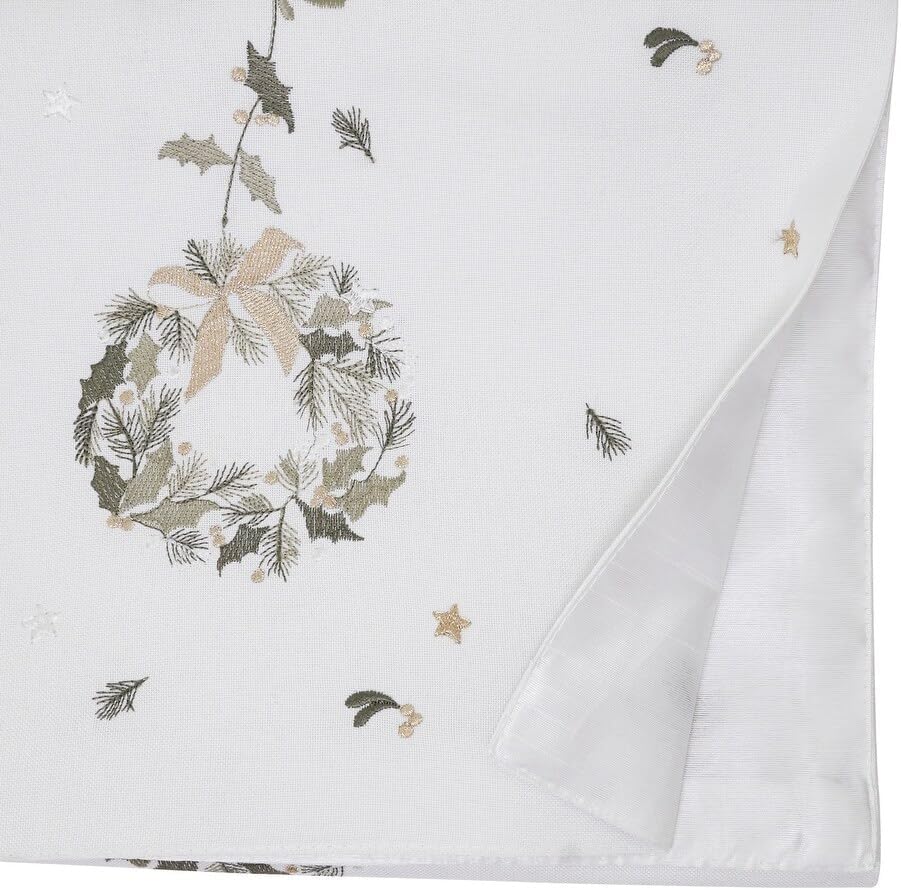 Fennco Styles Embroidered Wreath Christmas Table Runner 16" X 70" - White Festive Table Cover for Winter Holidays Décor, Dining Table, Banquet, Family Gathering, and Special Occasions