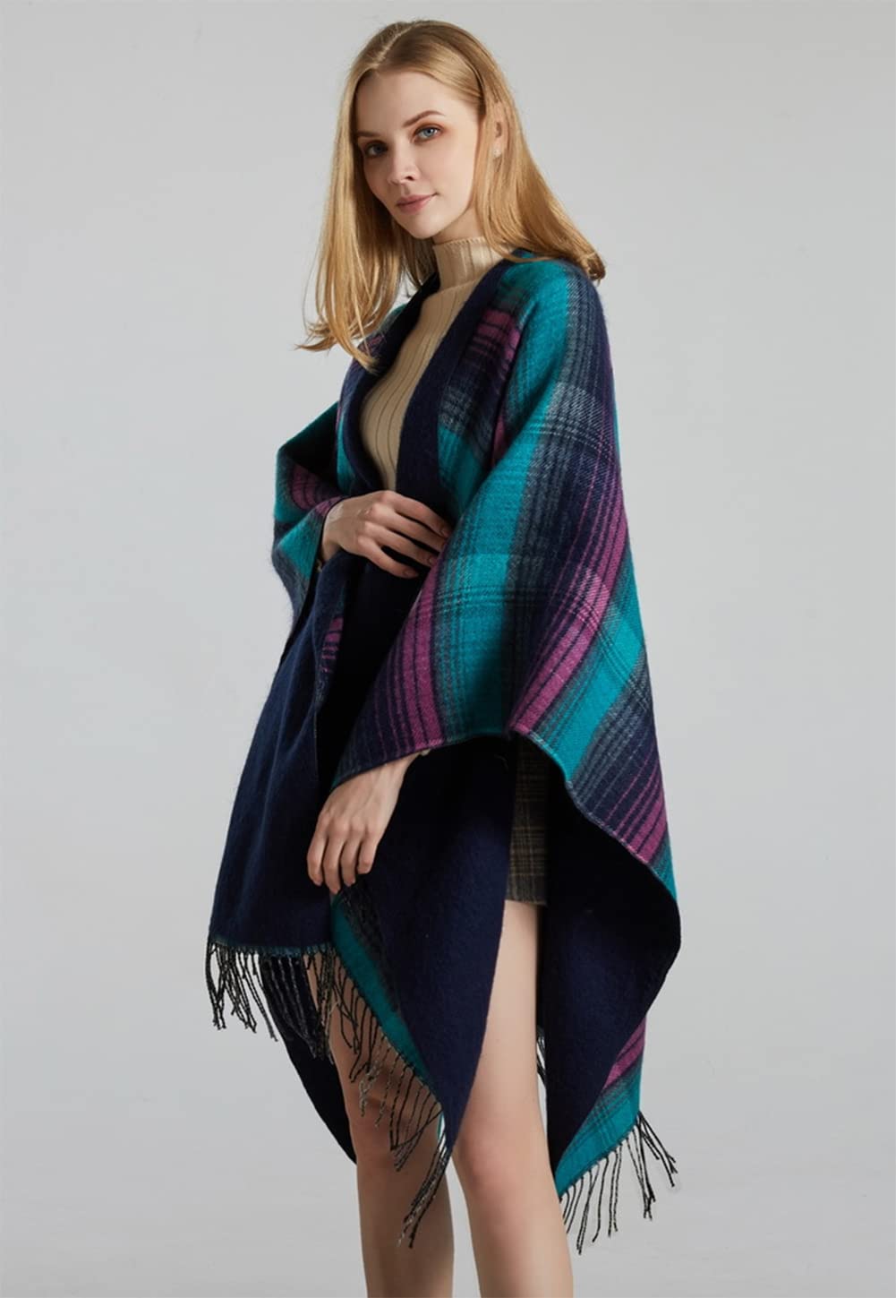 stylesilove Women Reversible Plaid Fringe Knitted Open Front Poncho Cape Oversized Cardigan Fall Winter Wrap Shawl