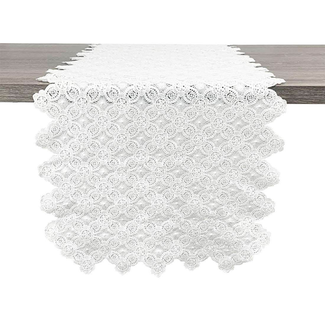 Fennco Styles Embroidered Floral Hollow Lace Table Runner 14" W x 71" L - White Table Cover for Home, Dining Table Decor, Banquet, Wedding and Special Event