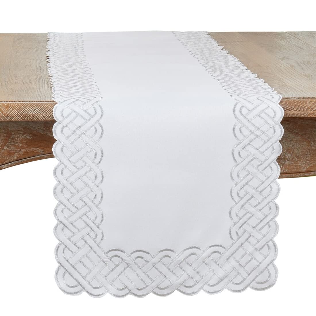 Fennco Styles Braid Emroidered Metallic Border Table Runner 16" W x 54" L - Silver Table Cover for Home Décor, Everyday Use, Christmas, Banquets and Special Events
