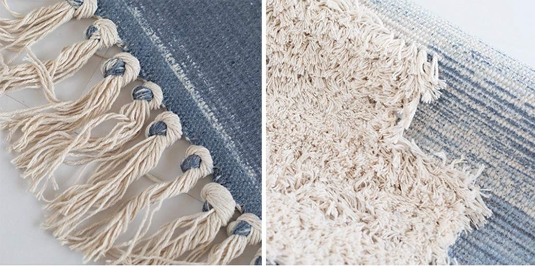 Fennco Styles Ivory Blue Geometric Print Woven Rug Tassel Area Rug for Home Décor, Bedroom, Entryway Mat, Floor Décor