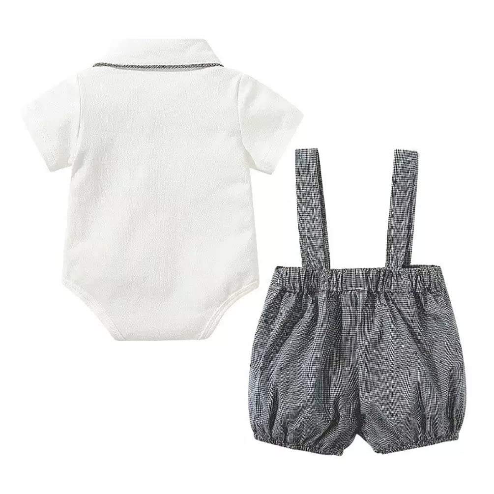 stylesilove Baby Boys Short Sleeve Collared Bodysuit and Suspender Shorts, Bowtie 3pcs Gentleman Set Cotton Overalls Outfit