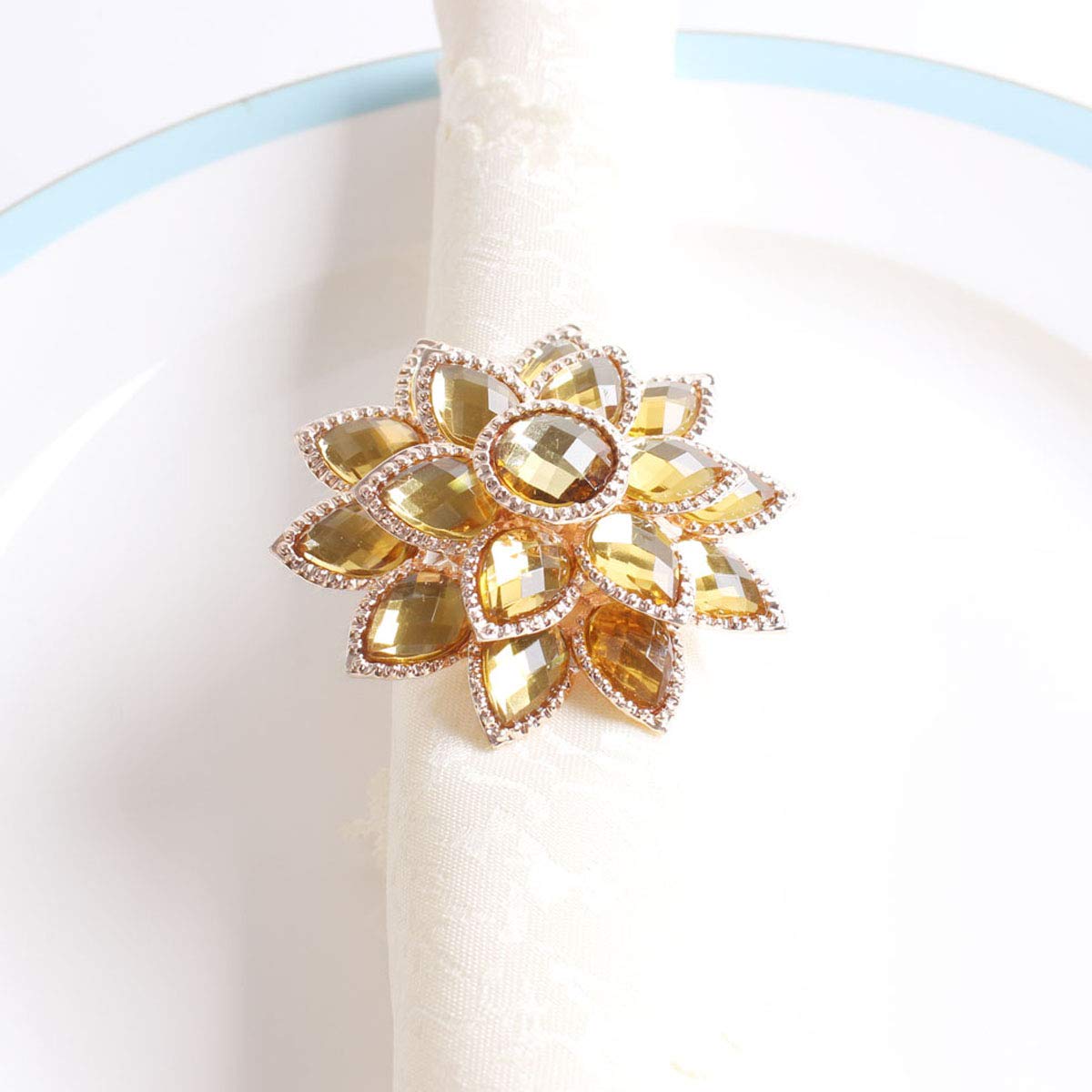 Fennco Styles Rhinestone Crystal Flower Napkin Rings Wedding Holiday Table Decoration - Set of 4