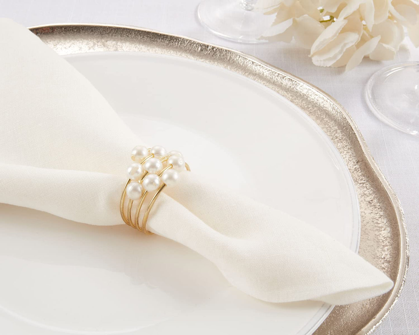 Fennco Styles Hand Beaded Faux Pearl Napkin Rings, Set of 4 - Elegant Pearl Collection Napkin Holders for Home Décor, Dining Room, Wedding, Banquets and Special Occasions