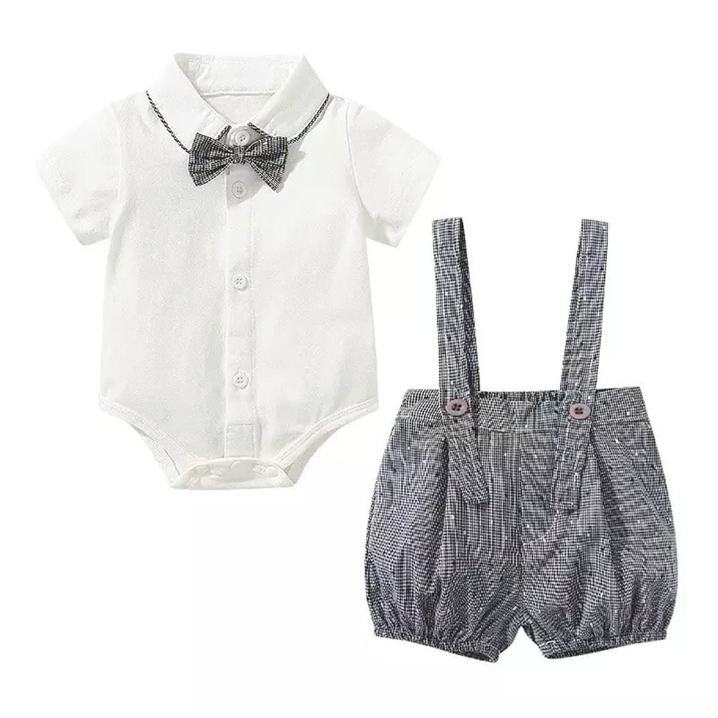 stylesilove Baby Boys Short Sleeve Collared Bodysuit and Suspender Shorts, Bowtie 3pcs Gentleman Set Cotton Overalls Outfit